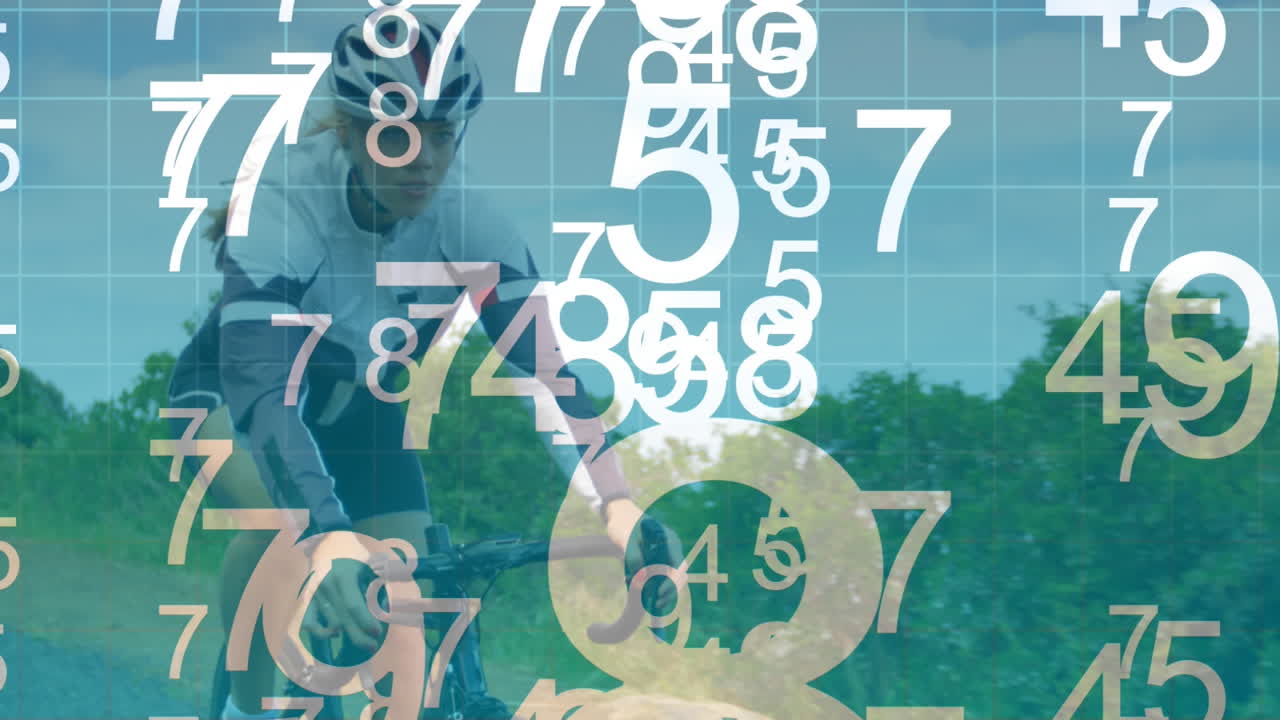 múltiples números cambiando sobre las líneas de la cuadrícula contra la mujer en bicicleta en la carretera