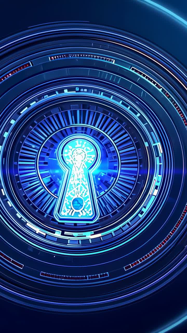 Vertical video: Opening neon-blue keyhole icon on plane, rings rotating zooming to reveal circuitry
