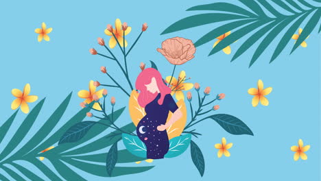 animación de una mujer embarazada sobre flores y hojas en movimiento sobre un fondo azul