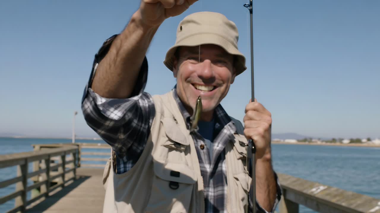 Pescatore che solleva la canna, mostrando un piccolo pesce dopo l'abboccata, su un molo di legno, con un cappello da pescatore.