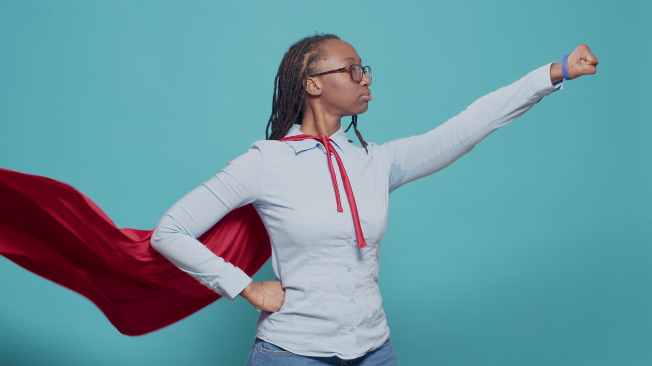 African american superhero flying with red cape and costume