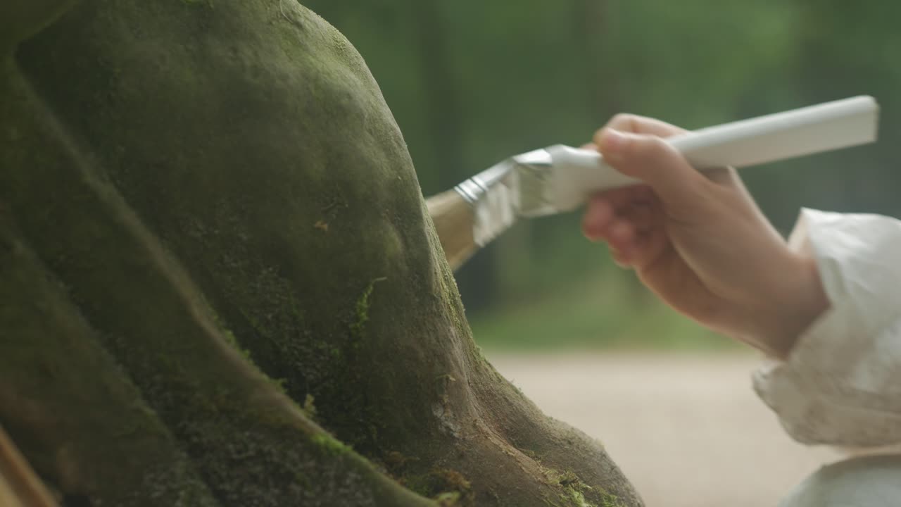 오래된 돌 조각에서 먼지를 제거하기 위해 손으로 브러시를 들고 있습니다.