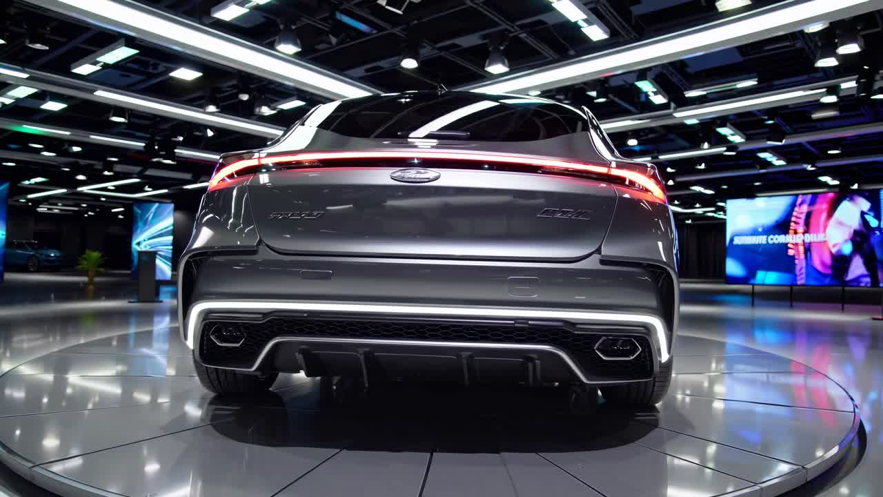Auto elegante e futuristica esposta su una piattaforma rotante in uno showroom moderno