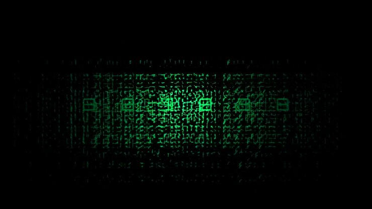 Matrix-style green digital glitch background featuring flickering code fragments, signal noise distortion, and erratic data interference.