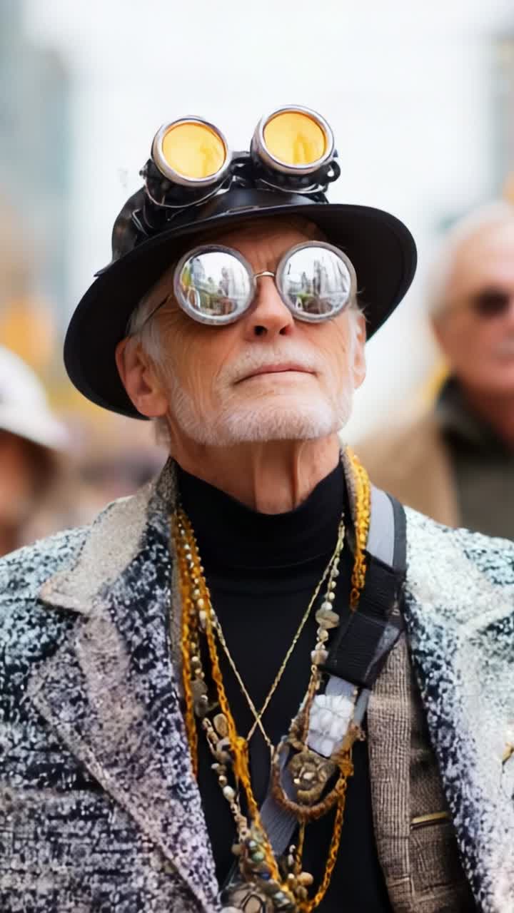 Stylishly Eccentric Elderly Man with Unique Goggles and Accessories Captured in a Vibrant Street Scene, Showcasing an Eye-Catching Fashion Statement