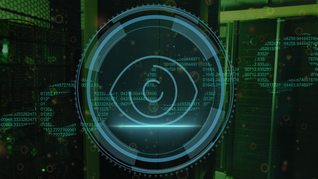 컴퓨터 서버 방에 대한 망막 눈 스캐너와 보안 체인 아이콘의 애니메이션