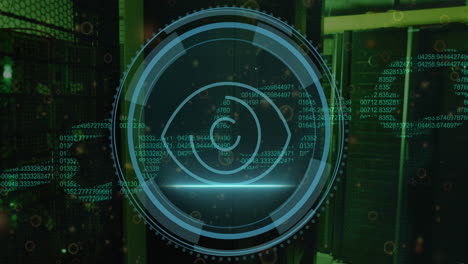 Animation of retina eye scanner and security chain icon against computer server room
