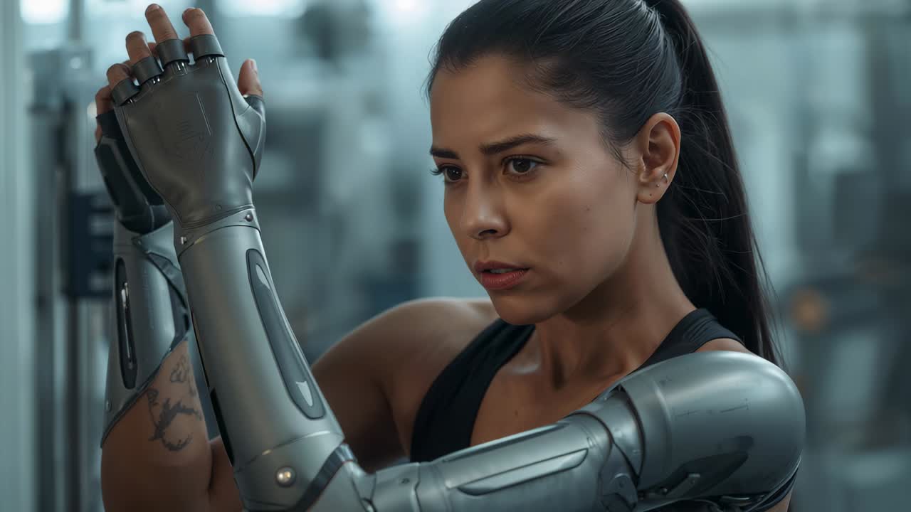 Focusing Latina woman adjusting metal prosthetic forearms at gym, wearing black top and testing fit