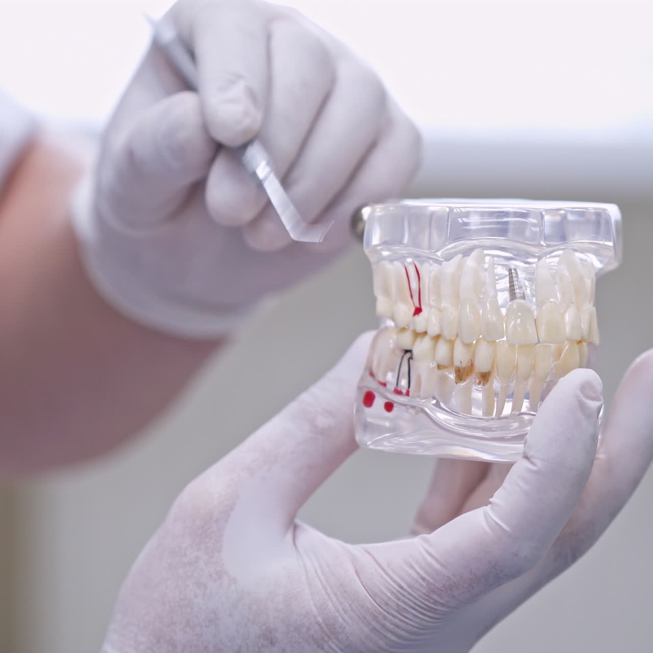 Doctor shows on a plastic jaw sample or model different methods of teeth treatment. Modern dental clinic background. Health concept. White medical gloves on male doctor's hands.