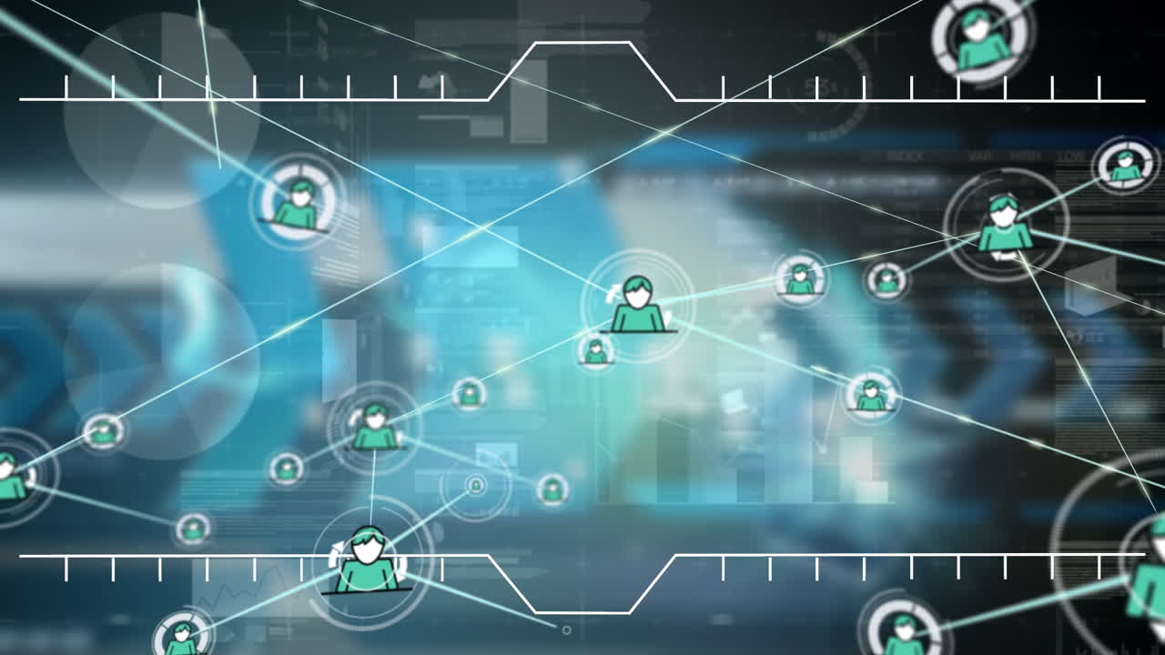animación de estadísticas, procesamiento de datos y red de conexiones con los iconos de las personas