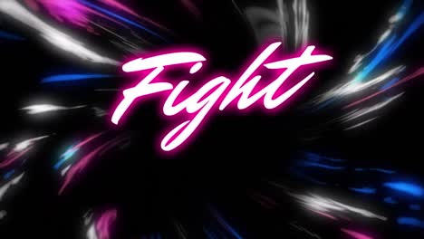 animation of fight text over light trails on black background