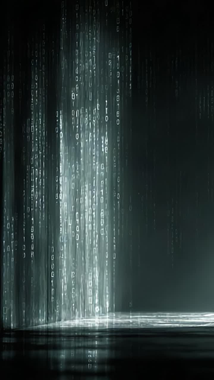 A Captivating View Into a Digital Realm, Showcasing Streams of Binary Code Flowing from Above, Emphasizing the Depth and Intricacy of Virtual Information Processing