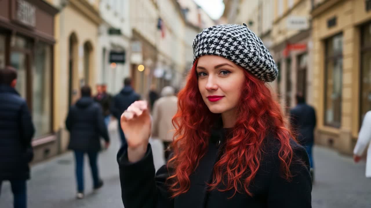 A Stylish Young Woman with Vibrant Red Hair and a Chic Beret Stands Confidently in a Bustling Urban Street, Surrounded by Passersby in a Charming City Setting