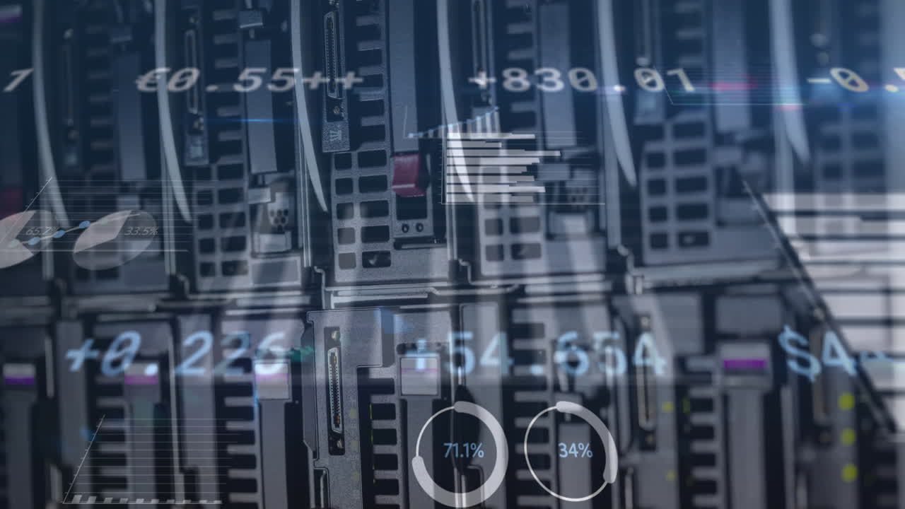 Animation of data processing and diagrams over server room