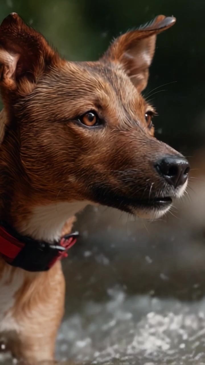 Un cane curioso gioca nell'acqua, godendosi uno schizzo rinfrescante durante una giornata di sole, catturato in due splendide inquadrature di gioiosa esplorazione e avventura.