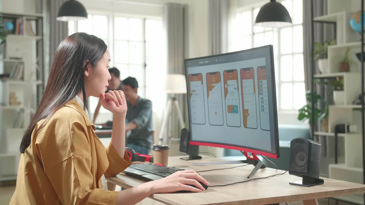 Asian Female Mobile Application Developer Thinking While Works With Graphics On Her Personal Computer In Office