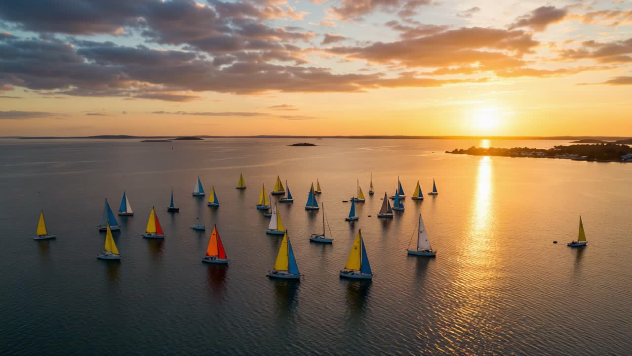 A Stunning Aerial View of Multiple Colorful Sailboats on Calm Waters During a Breathtaking Sunset, Showcasing the Beauty of Nature and Sailing Activities