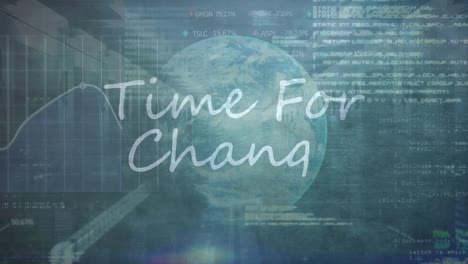 animation of time for change text over stock market data processing and globe against server room