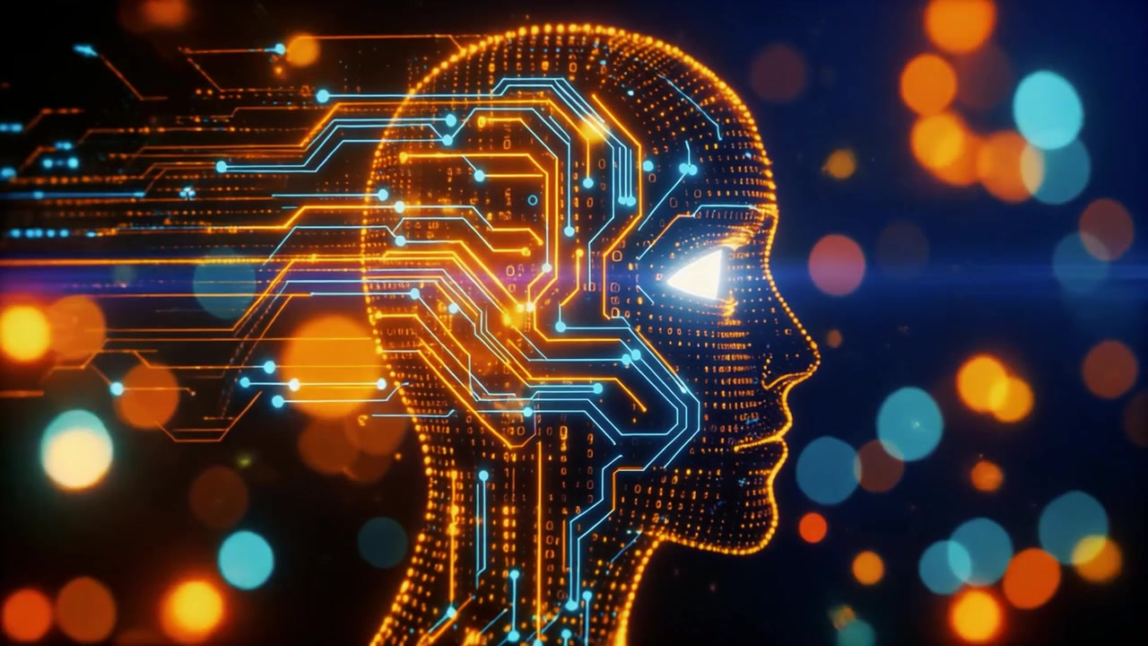 Digital Human Head Silhouette with Circuit Board Patterns and Glowing Data Particles
