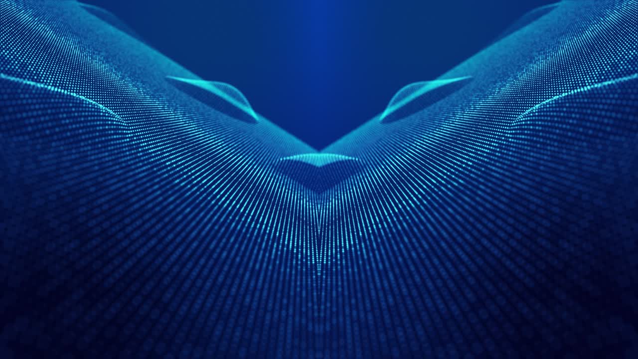 Sci-fi abstract theme with particle waves. 4k looped abstract blue background of glow particles form curved lines, surfaces simmetrical structures. Digital background with particle hologram.