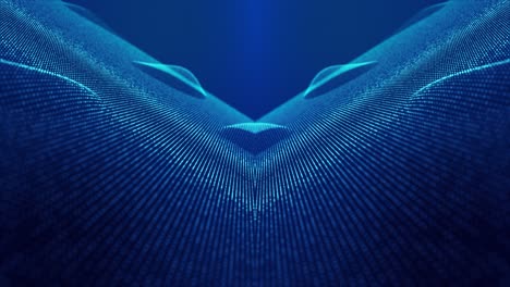 sci-fi abstract theme with particle waves. 4k looped abstract blue background of glow particles form curved lines, surfaces simmetrical structures. digital background with particle hologram.