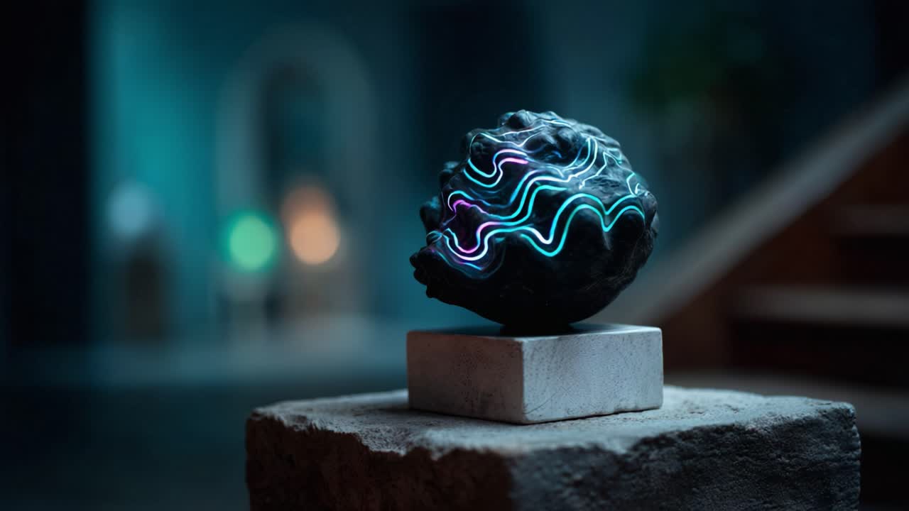 Una straordinaria esposizione di arte astratta, caratterizzata da un globo scultoreo con linee al neon fluide, illuminato da una soffusa illuminazione di sfondo e texture uniche.