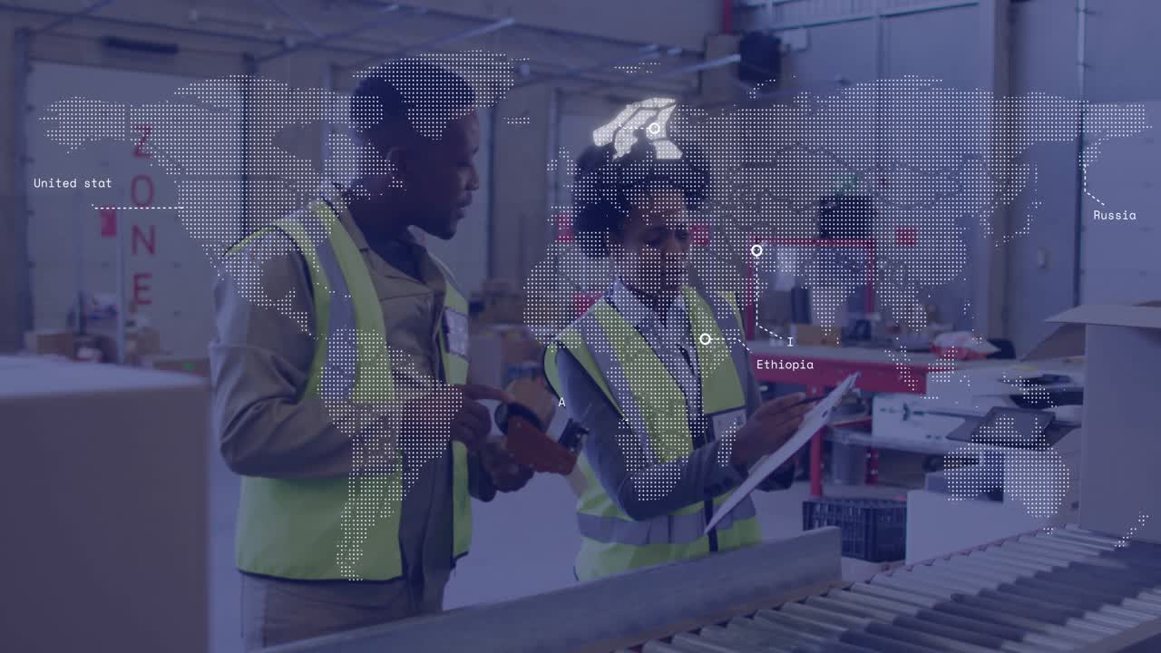 Map overlay appearing, man scanning boxes with scanner and woman marking checklist for logistics