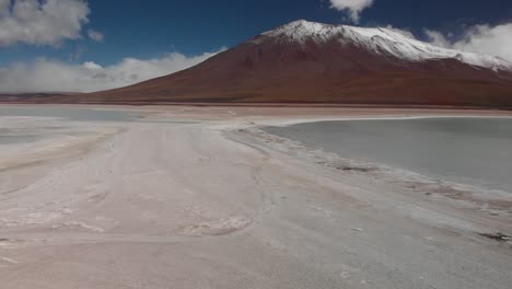 wide landscape of bolivian andes with a snow capped mountain and blue sky