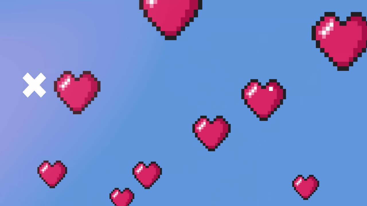 animación de cruces blancas sobre la bandera de la ue sobre el reino unido, pixel corazones rojos y manchas doradas de luz