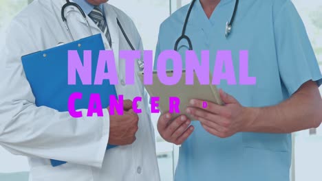 animación del texto del día nacional del cáncer sobre diversos médicos.