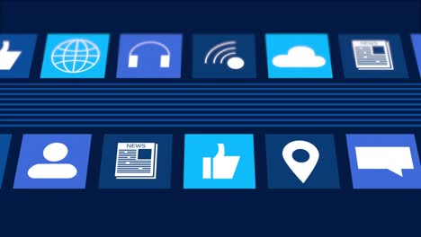 animation of digital online icons and blue stripes moving on dark blue background