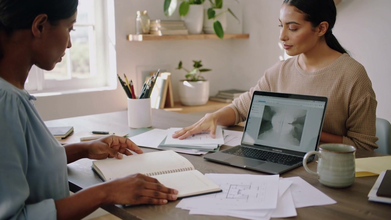 Opening spiral notebook, women at desk, blue top, beige knit sorting plan near laptop for review