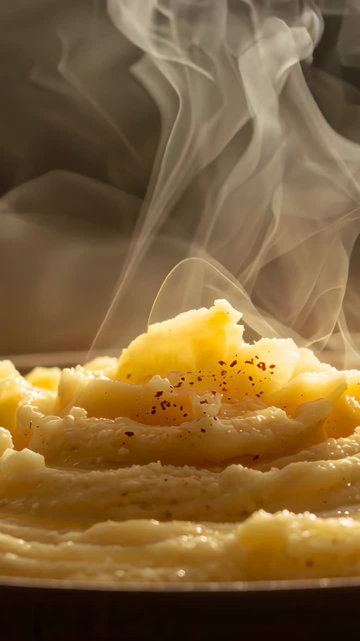 Vertical video: Steaming plate of creamy mash heating, emitting steam ribbons in studio, red flakes