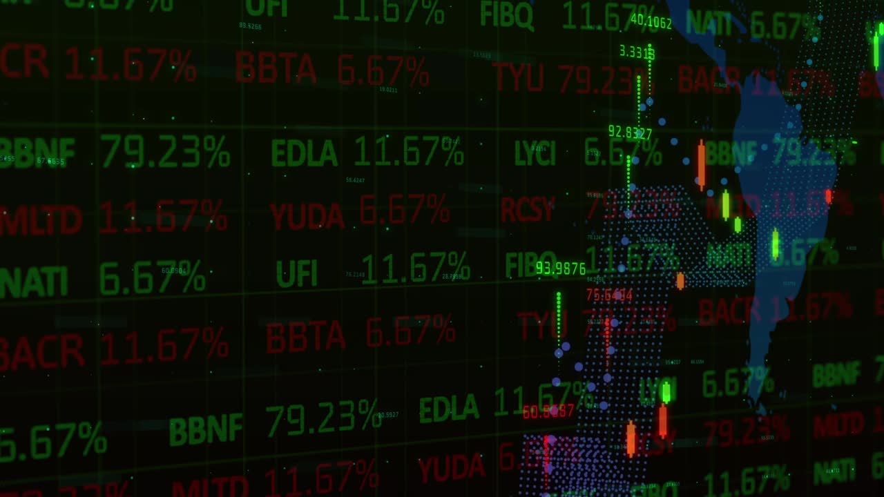 animación de estadísticas y números, procesamiento de datos financieros sobre el mapa del mundo