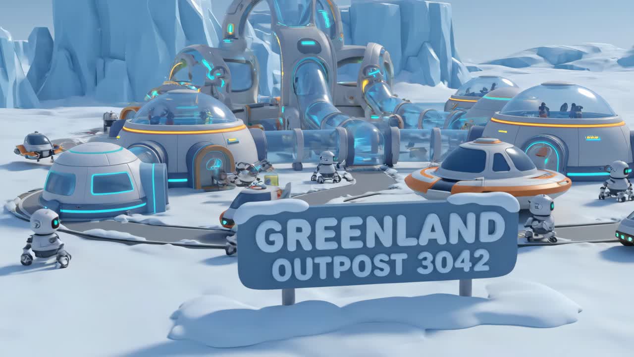 Futuristic Greenland Outpost 3042 with Robots and Departing Aircraft