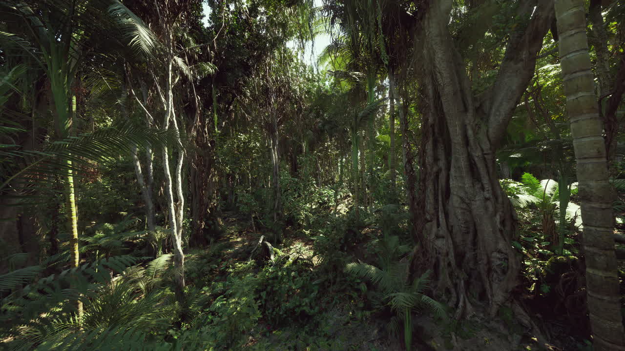 Giungla tropicale lussureggiante con alberi imponenti e fauna vivace