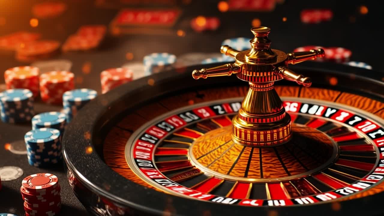 Exciting roulette game at a casino table. A roulette wheel spins in an upscale casino, surrounded by colorful chips and the anticipation of players.