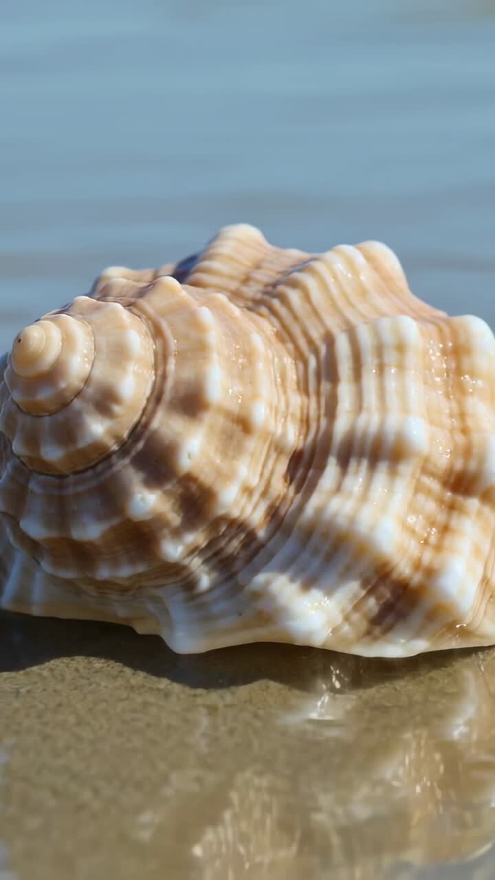 Vertical video: Advancing small wave lapping spiral shell on shore, wetting sand with reflections