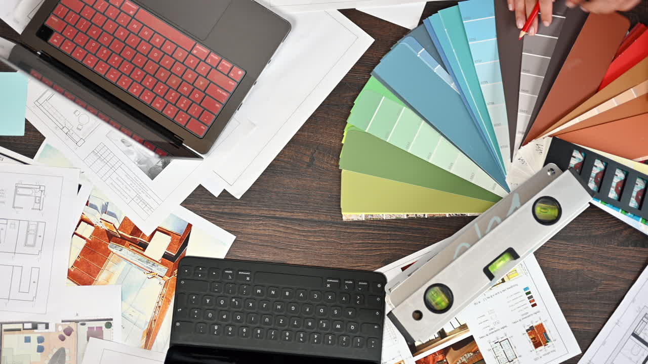 Coworkers analysing building plans and colours in an office