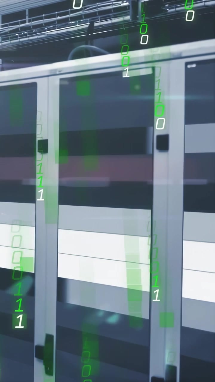 Vertikal video: Binært overlay vises fra toppen og falder ned over IT-racks til datavisualisering