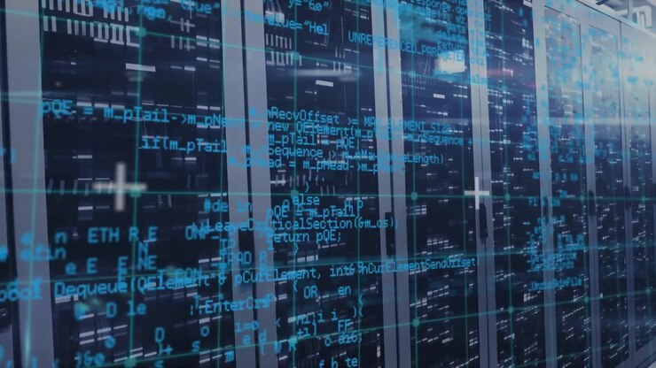 Animation of data processing in blue over servers