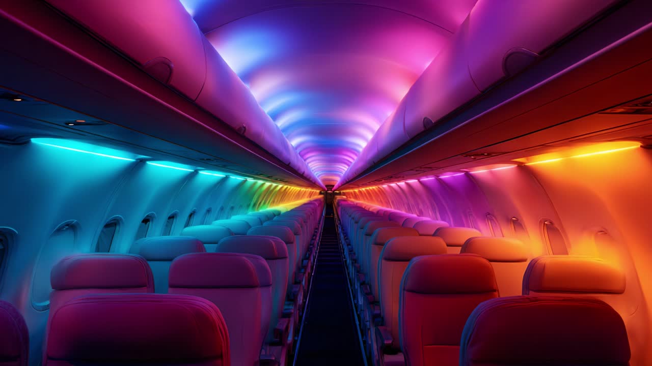 A Captivating Journey through a Colorful Airline Interior: Explore the Stunning LED Lighting that Transforms an Ordinary Airplane Cabin into a Dazzling Visual Experience