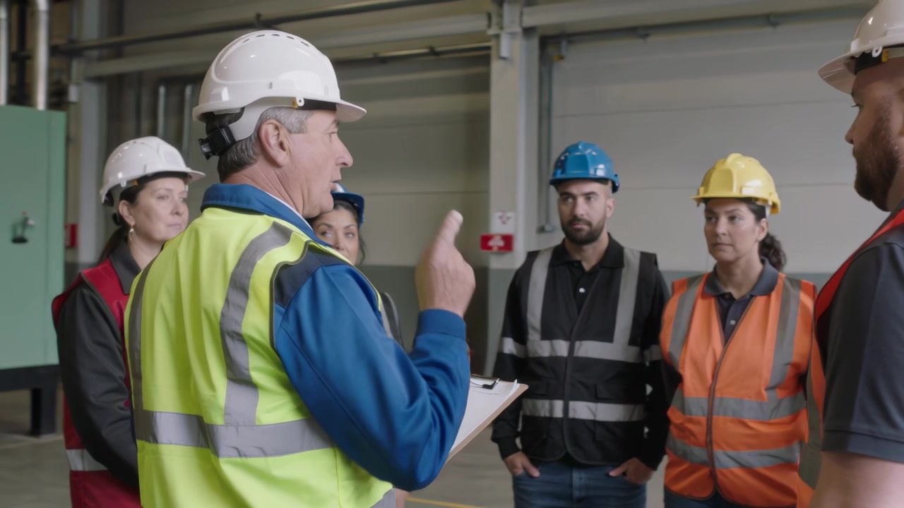 Reading clipboard, male supervisor leading safety briefing at factory, with hard hats and vests