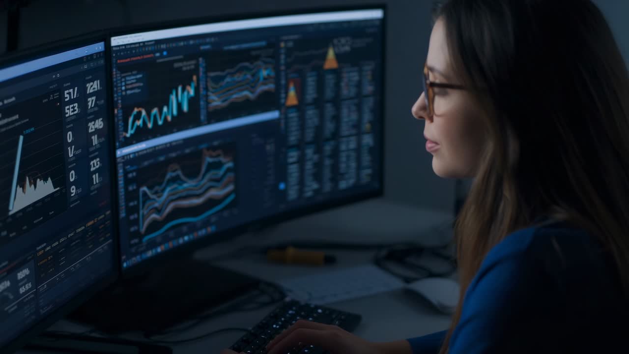 Reading charts updating on screens, woman typing and studying at night office desk, copy space