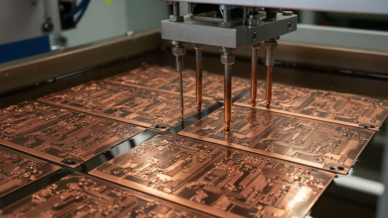 Advanced PCB Manufacturing Process: Automated Precision Equipment Engaging in Soldering Techniques on Multiple Copper Circuit Boards at High Efficiency