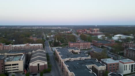 American-Midwest-Urban-Streets-of-Downtown-Columbia-City,-Missouri---Aerial