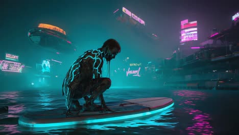 bioluminescent surfer in a cyberpunk city at night