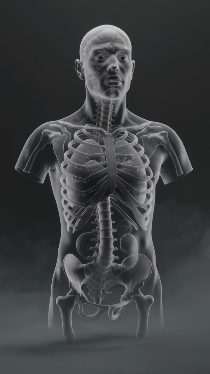 Video verticale: Telecamera che zooma verso un busto luminoso nel vuoto oscuro, mostrando cranio e costole per studio.