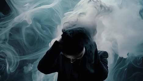 a man stands in front of a background of smoke, looking distressed and lost in thought.