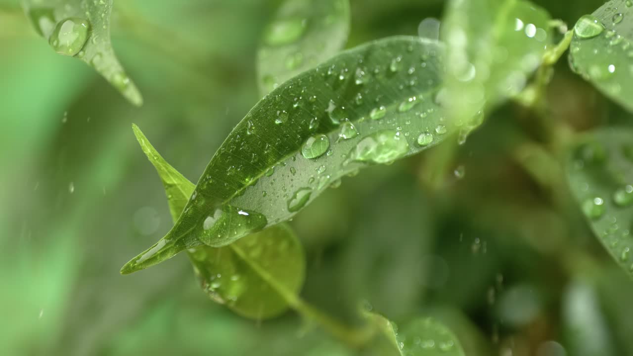 un primer plano de las gotas de lluvia en cámara lenta. la lluvia gotea sobre las hojas verdes de la planta.